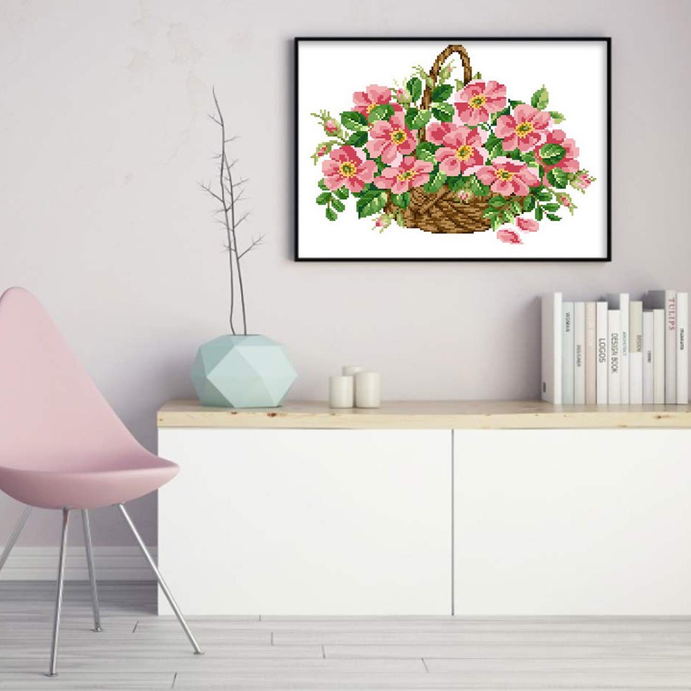 Pink Flower Basket - Partial  9CT Stamped Cross Stitch - Bead Embroidery 45x34CM/17.72x13.39in