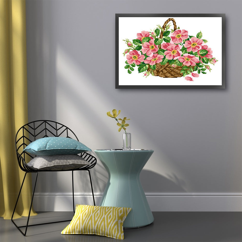 Pink Flower Basket - Partial  9CT Stamped Cross Stitch - Bead Embroidery 45x34CM/17.72x13.39in