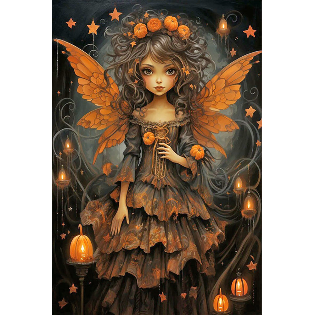 Halloween Pumpkin Girl In Black Clothes, Dead Tree, Butterfly Wings 40*60CM(Canvas) Full Round Drill Diamond Painting