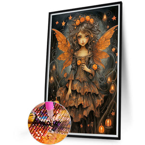 Halloween Pumpkin Girl In Black Clothes, Dead Tree, Butterfly Wings 40*60CM(Canvas) Full Round Drill Diamond Painting