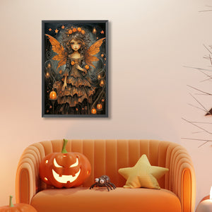 Halloween Pumpkin Girl In Black Clothes, Dead Tree, Butterfly Wings 40*60CM(Canvas) Full Round Drill Diamond Painting