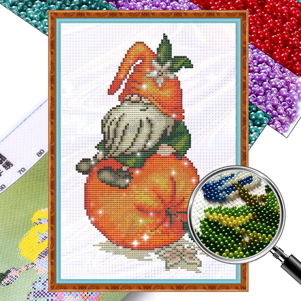 Orange Gnome - Partial 11ct Stamped Cross Stitch - Bead Embroidery 25x35CM/9.84x13.78in