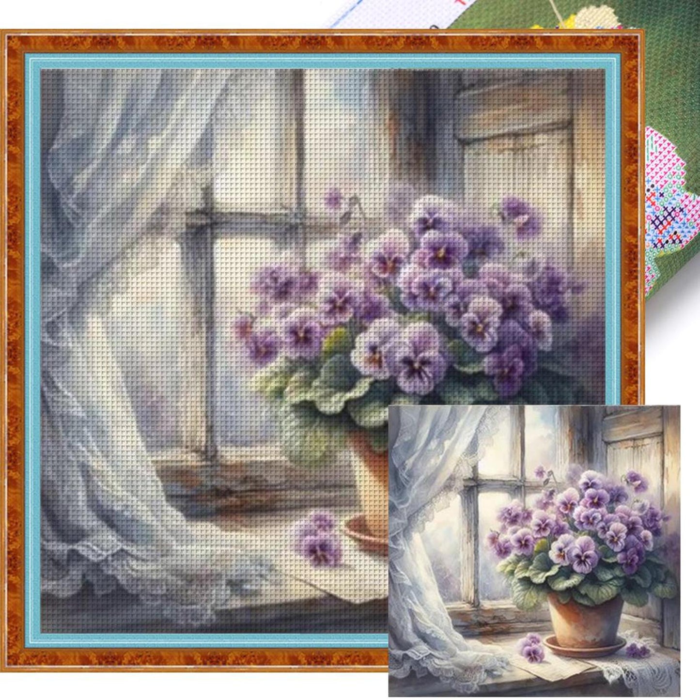 Purple Flowers On Windowsill - Full 11CT Stamped Cross Stitch 40x40CM - Yishu