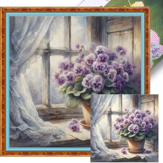 Purple Flowers On Windowsill - Full 11CT Stamped Cross Stitch 40x40CM - Yishu