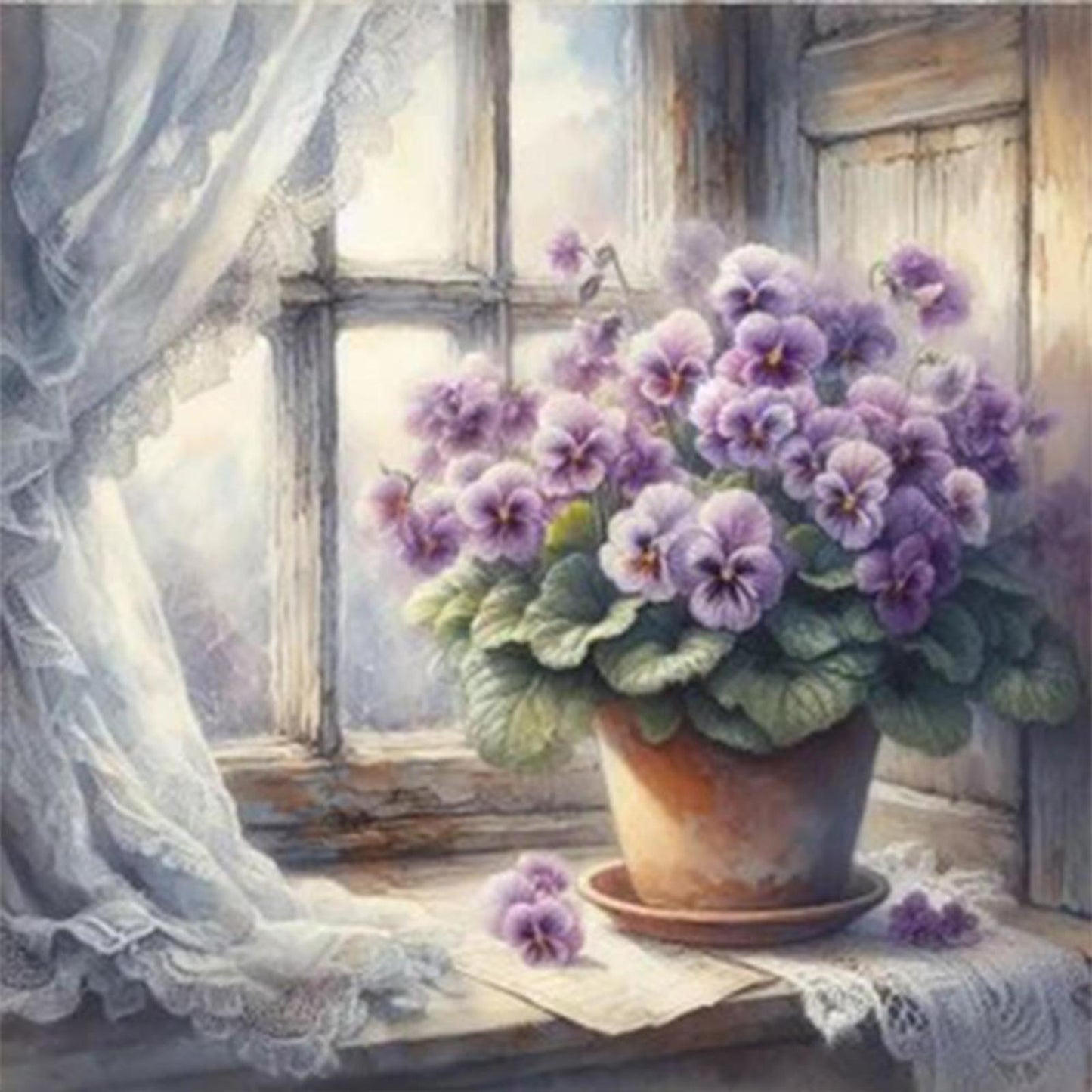 Purple Flowers On Windowsill - Full 11CT Stamped Cross Stitch 40x40CM - Yishu
