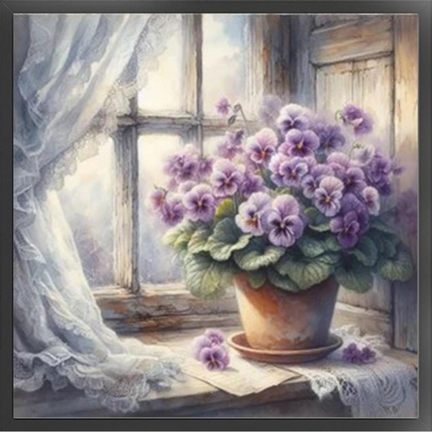 Purple Flowers On Windowsill - Full 11CT Stamped Cross Stitch 40x40CM - Yishu