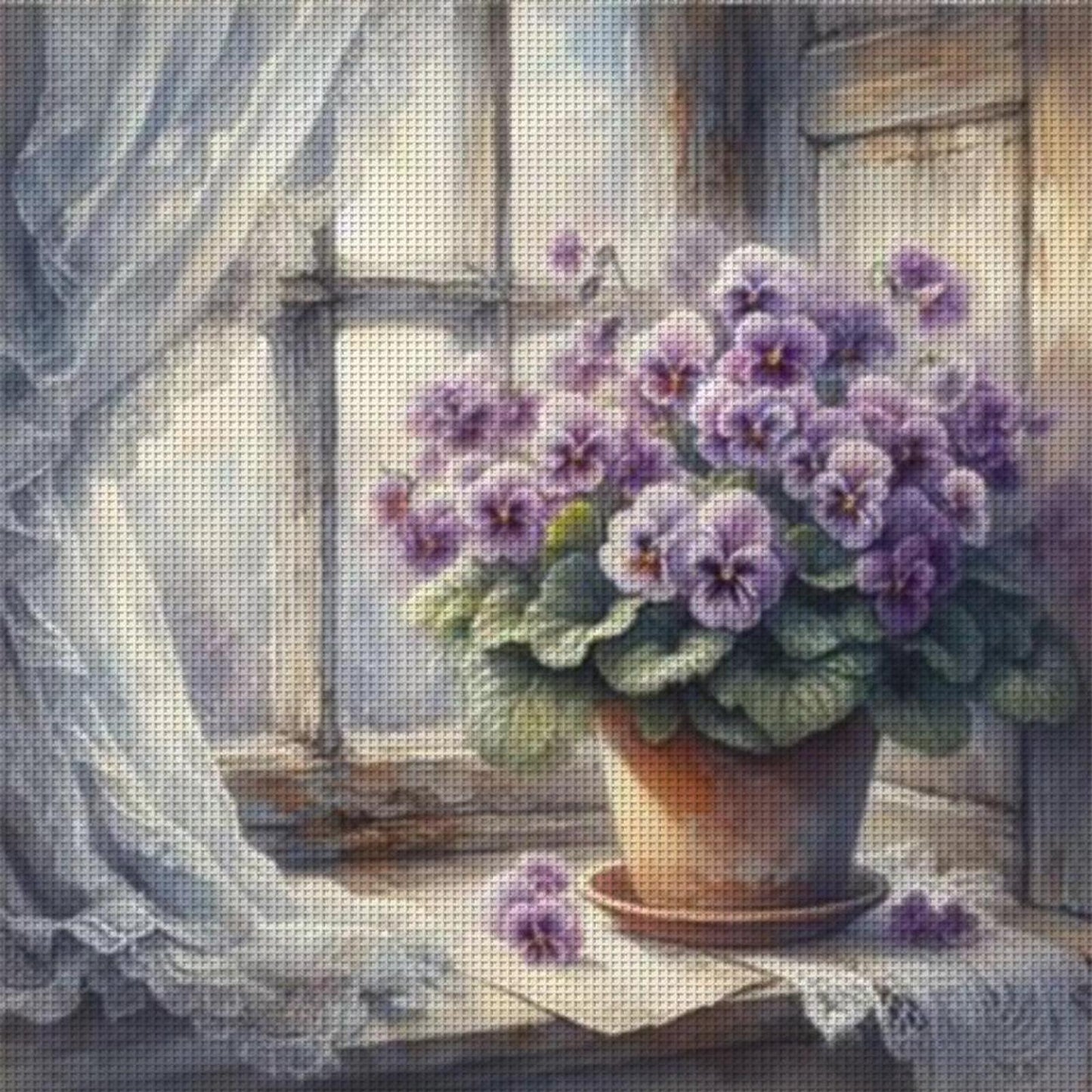 Purple Flowers On Windowsill - Full 11CT Stamped Cross Stitch 40x40CM - Yishu