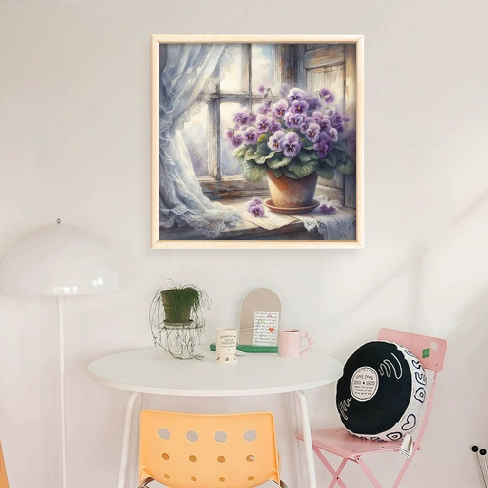 Purple Flowers On Windowsill - Full 11CT Stamped Cross Stitch 40x40CM - Yishu