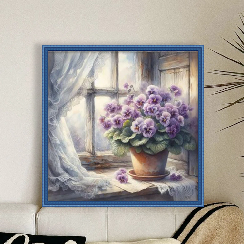 Purple Flowers On Windowsill - Full 11CT Stamped Cross Stitch 40x40CM - Yishu