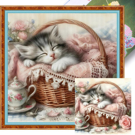 Cat Asleep In Pink Basket - Full 11CT Stamped Cross Stitch 40x40CM - Huacan