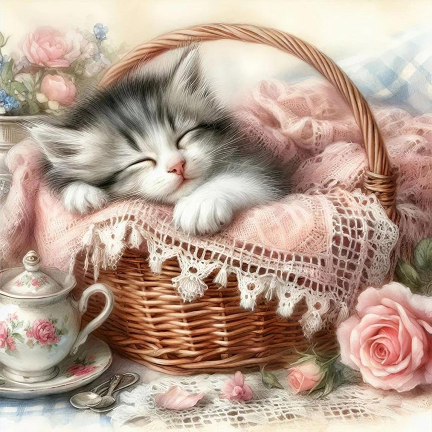 Cat Asleep In Pink Basket - Full 11CT Stamped Cross Stitch 40x40CM - Huacan