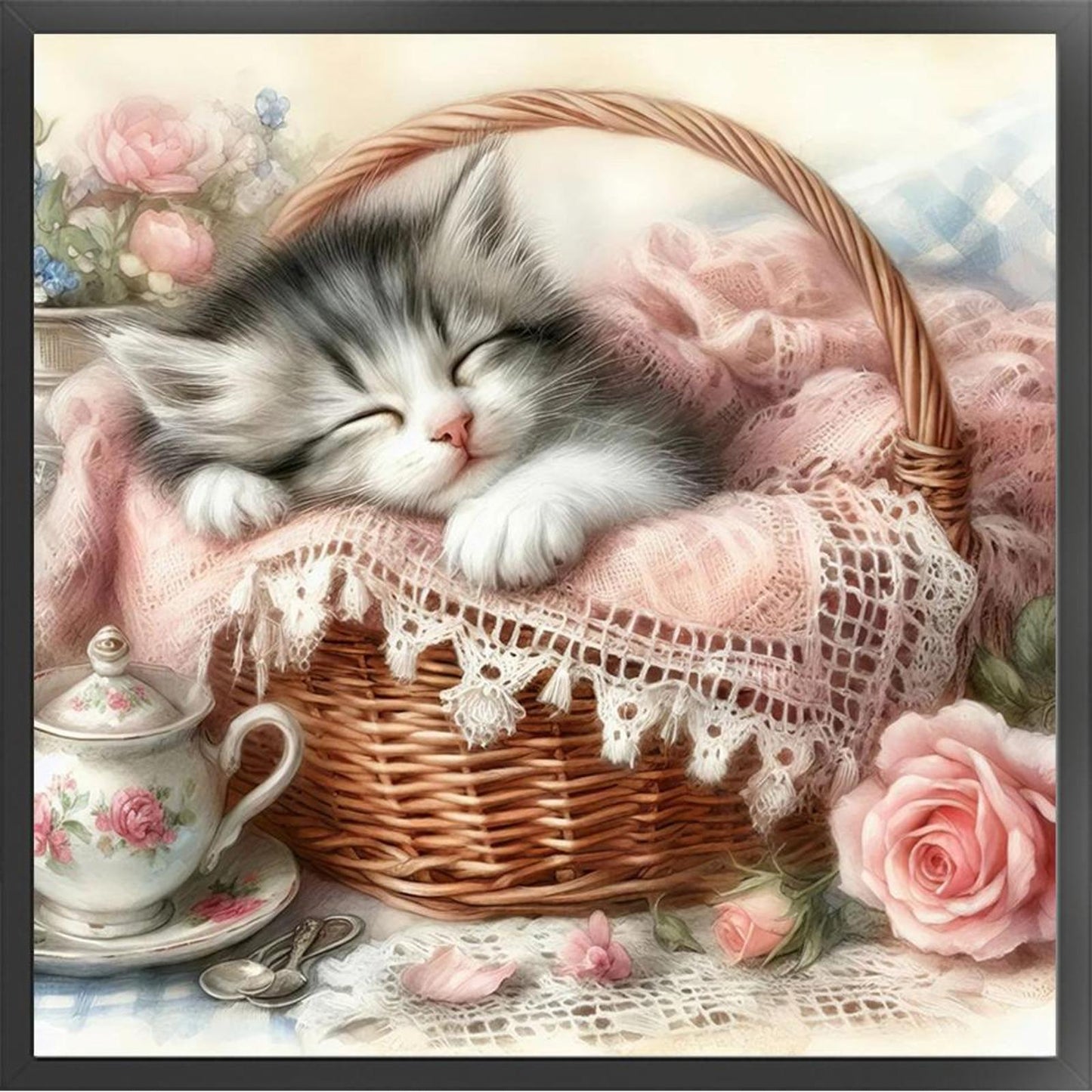 Cat Asleep In Pink Basket - Full 11CT Stamped Cross Stitch 40x40CM - Huacan