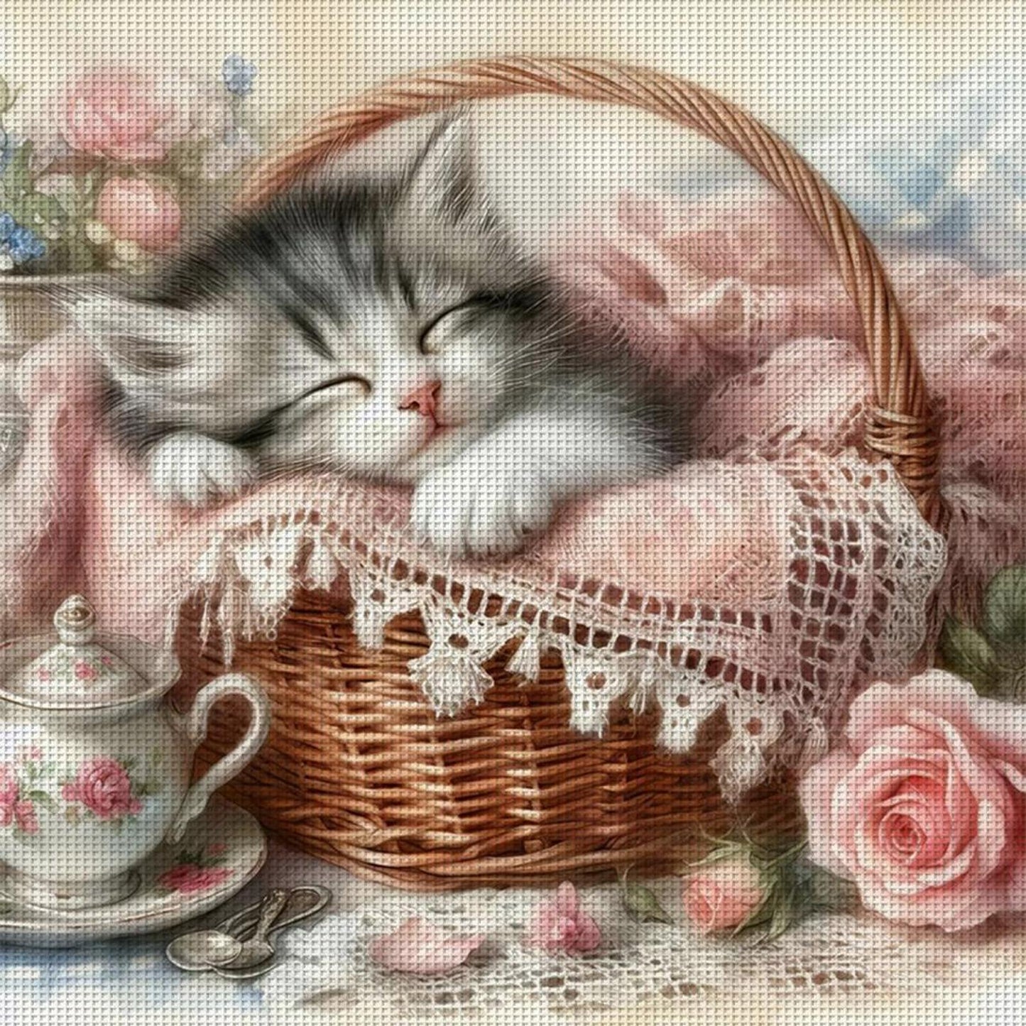 Cat Asleep In Pink Basket - Full 11CT Stamped Cross Stitch 40x40CM - Huacan
