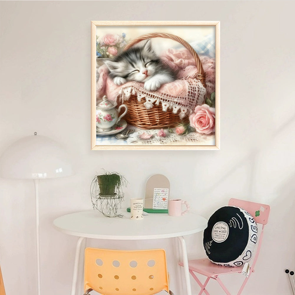 Cat Asleep In Pink Basket - Full 11CT Stamped Cross Stitch 40x40CM - Huacan