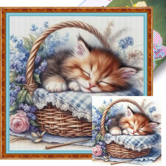 Cat Asleep In Blue Basket - Full 11CT Stamped Cross Stitch 40x40CM - Huacan