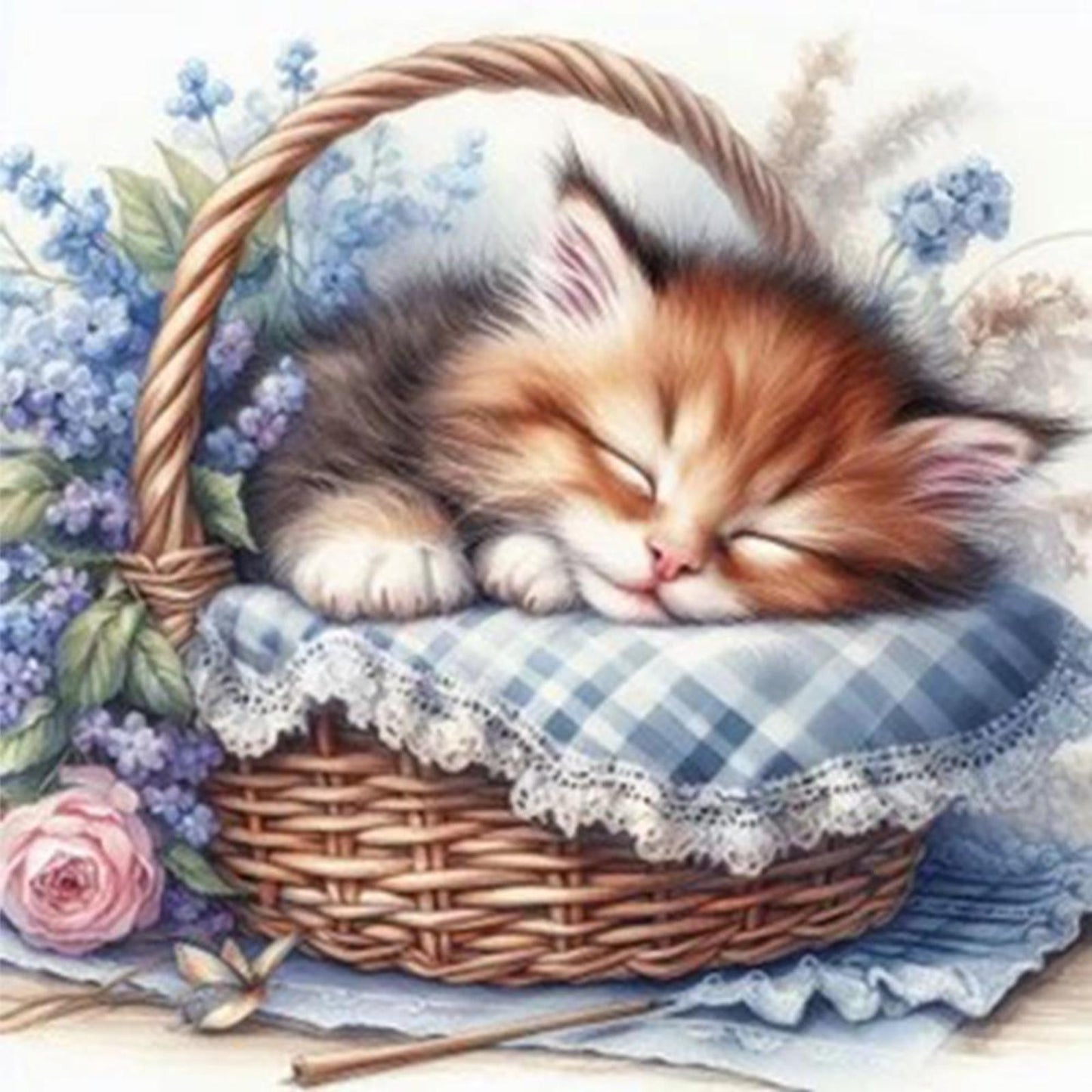Cat Asleep In Blue Basket - Full 11CT Stamped Cross Stitch 40x40CM - Huacan