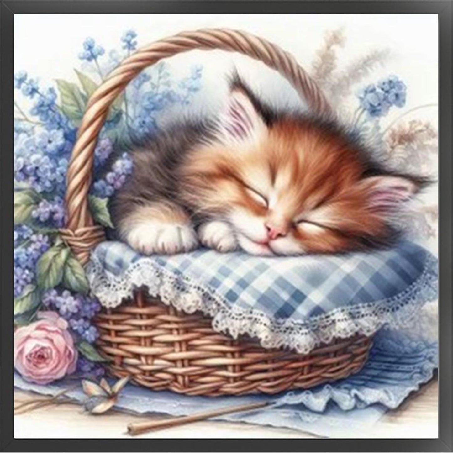 Cat Asleep In Blue Basket - Full 11CT Stamped Cross Stitch 40x40CM - Huacan