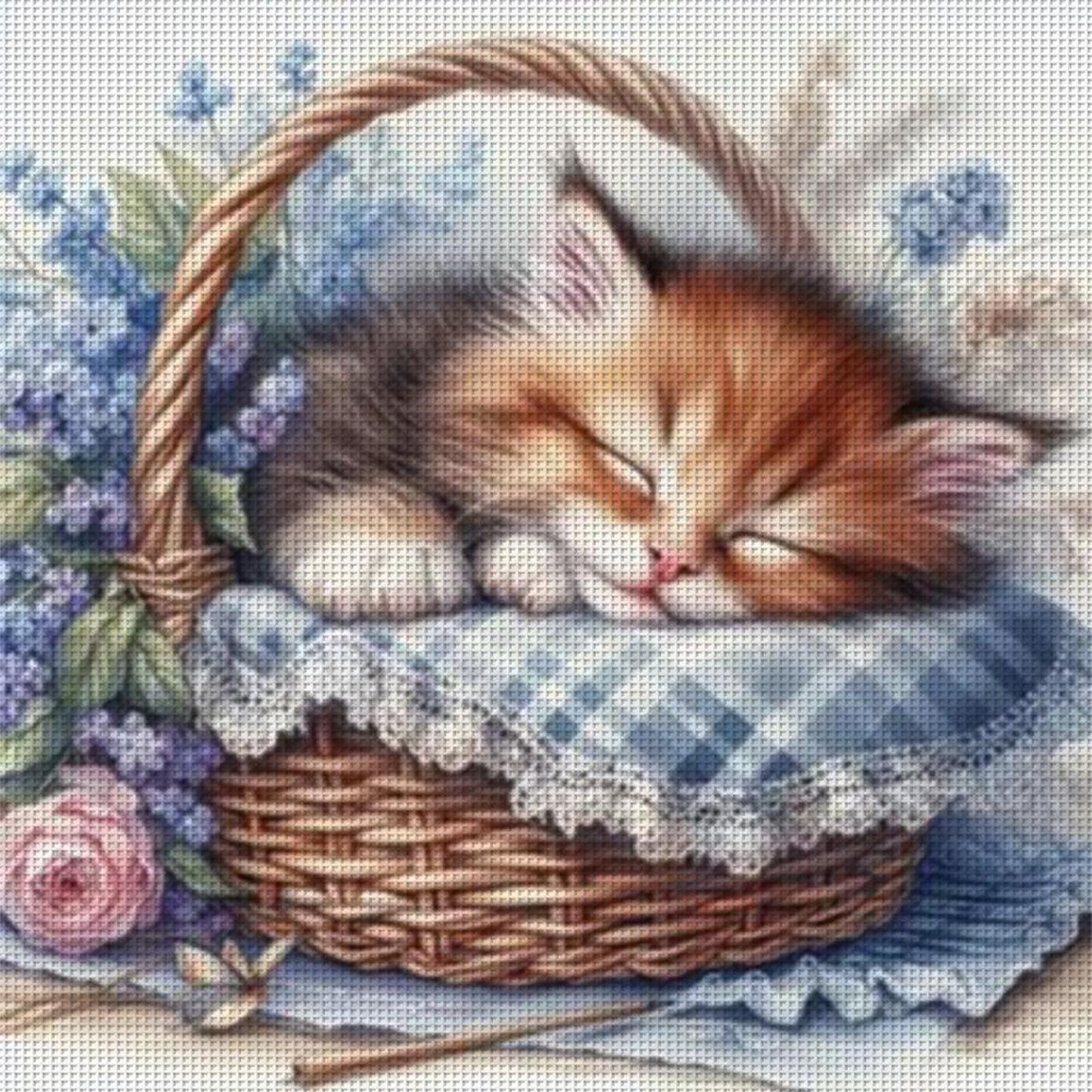 Cat Asleep In Blue Basket - Full 11CT Stamped Cross Stitch 40x40CM - Huacan