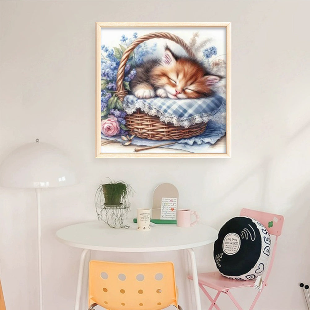 Cat Asleep In Blue Basket - Full 11CT Stamped Cross Stitch 40x40CM - Huacan