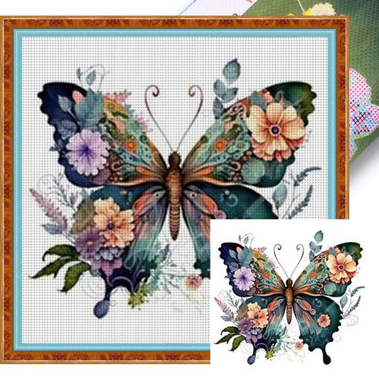 Flower And Butterfly - Full 11CT Stamped Cross Stitch 40x40CM - Huacan