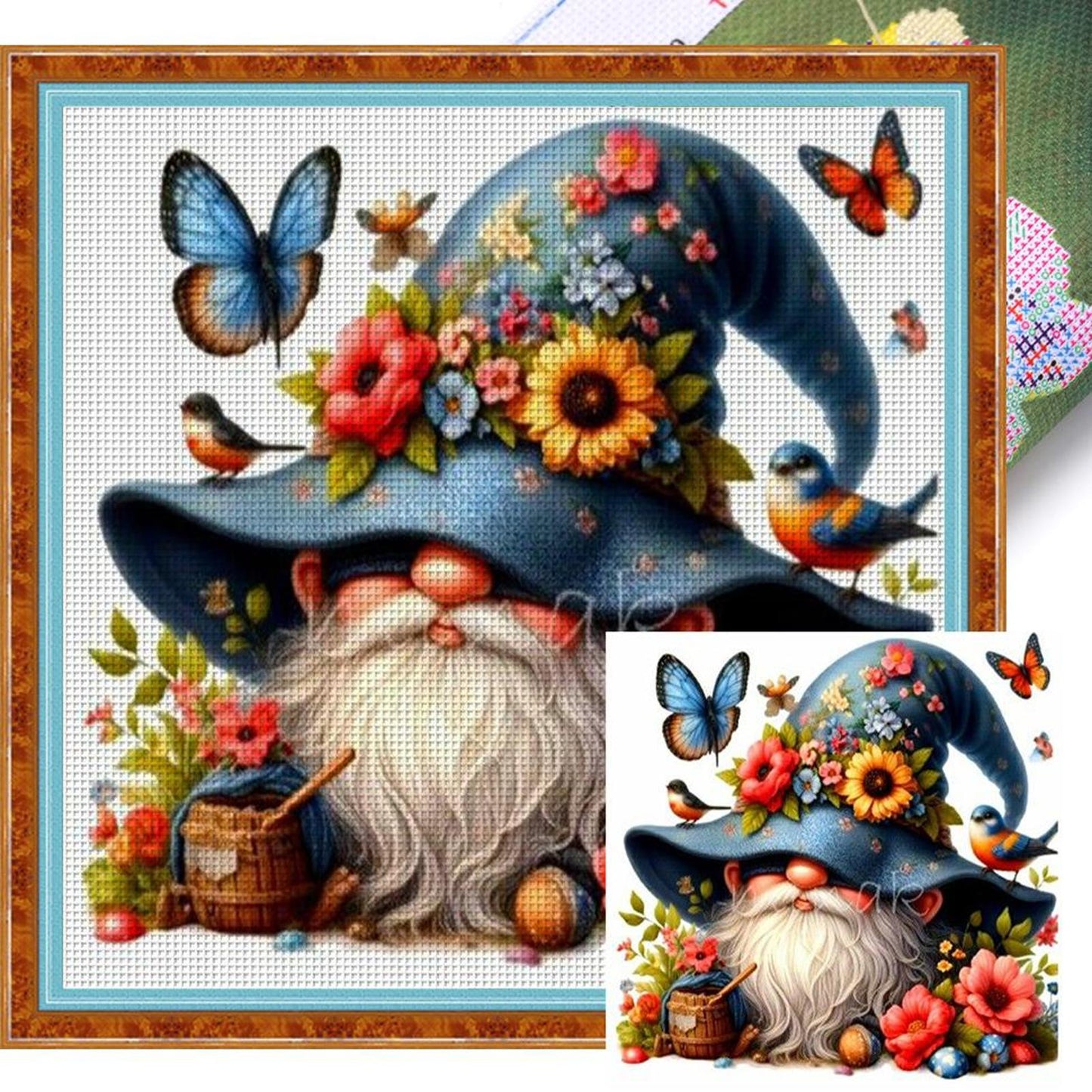 Blue Gnome And Butterfly - Full 11CT Stamped Cross Stitch 40x40CM - Yishu