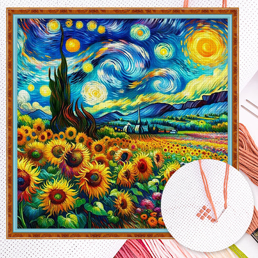 Sunflower Under Starry Sky - Full 18CT Counted Cross Stitch 50x50CM - Huacan