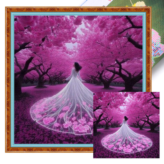 Girl In Pink Beach Dress - Full 11CT Stamped Cross Stitch 45x45CM - Diy