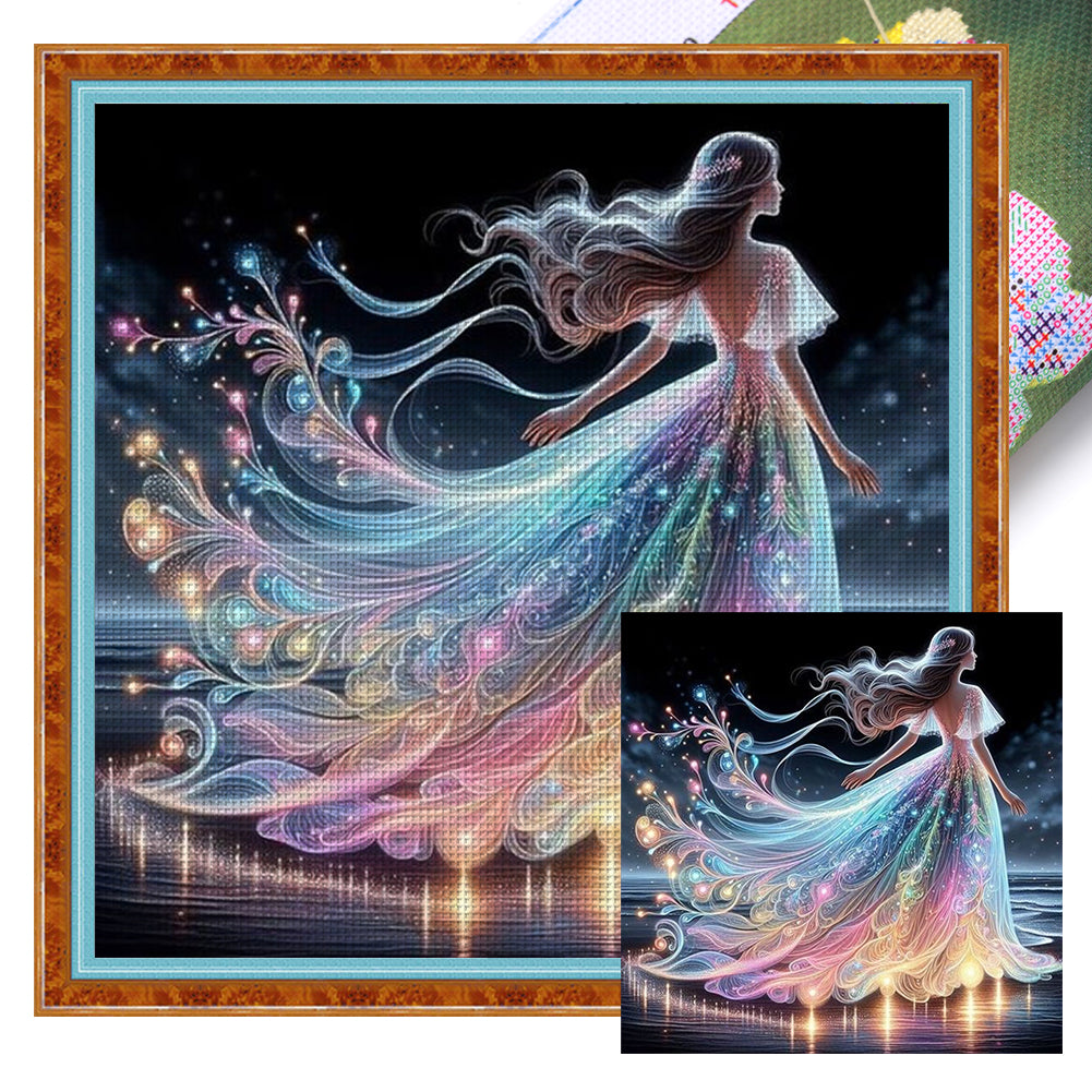 Girl In Colorful Beach Dress - Full 11CT Stamped Cross Stitch 45x45CM - Diy