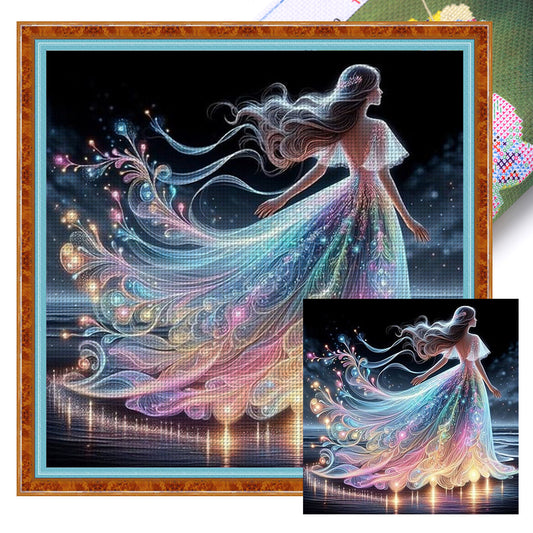 Girl In Colorful Beach Dress - Full 11CT Stamped Cross Stitch 45x45CM - Diy