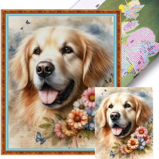 Golden Retriever And Flowers - Full 11CT Stamped Cross Stitch 40x50CM - Yishu