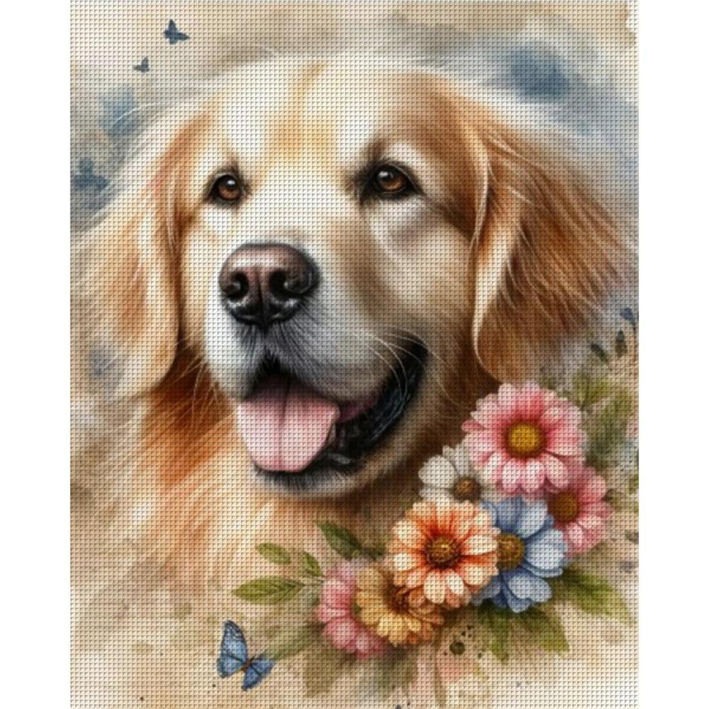 Golden Retriever And Flowers - Full 11CT Stamped Cross Stitch 40x50CM - Yishu