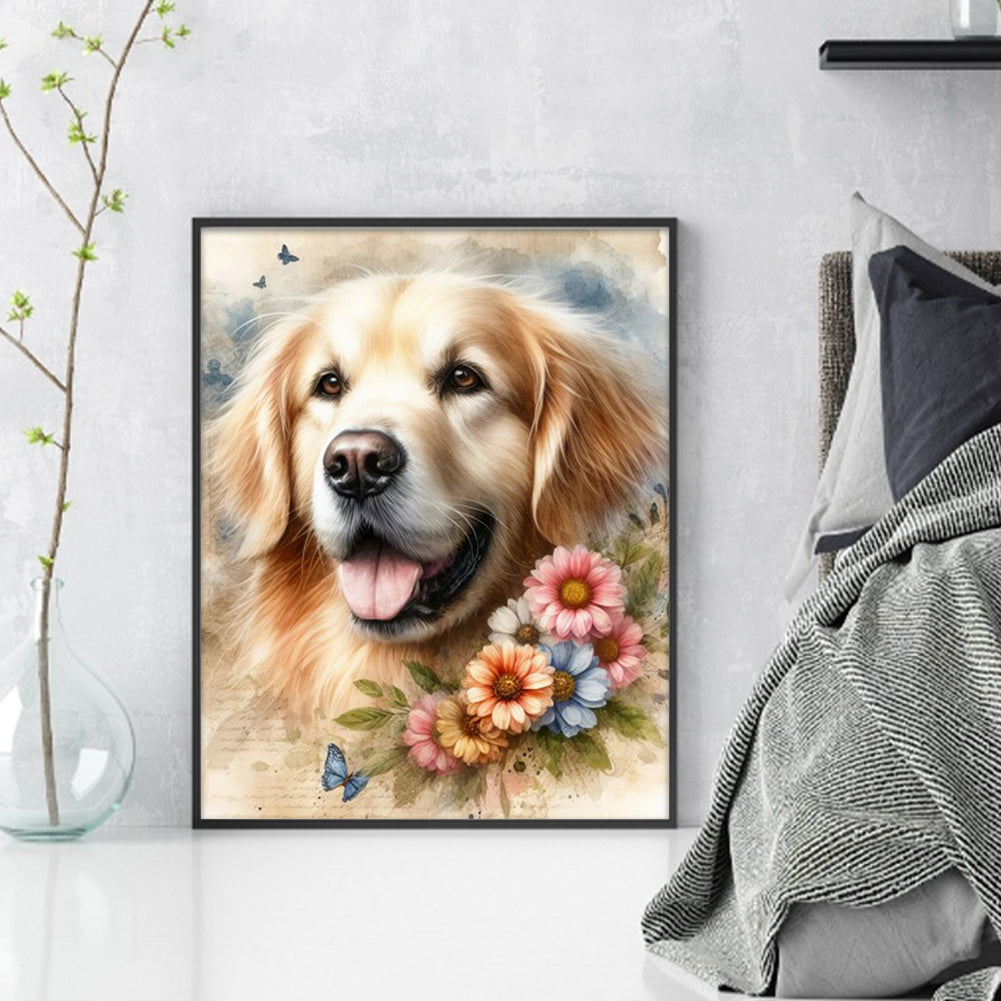 Golden Retriever And Flowers - Full 11CT Stamped Cross Stitch 40x50CM - Yishu