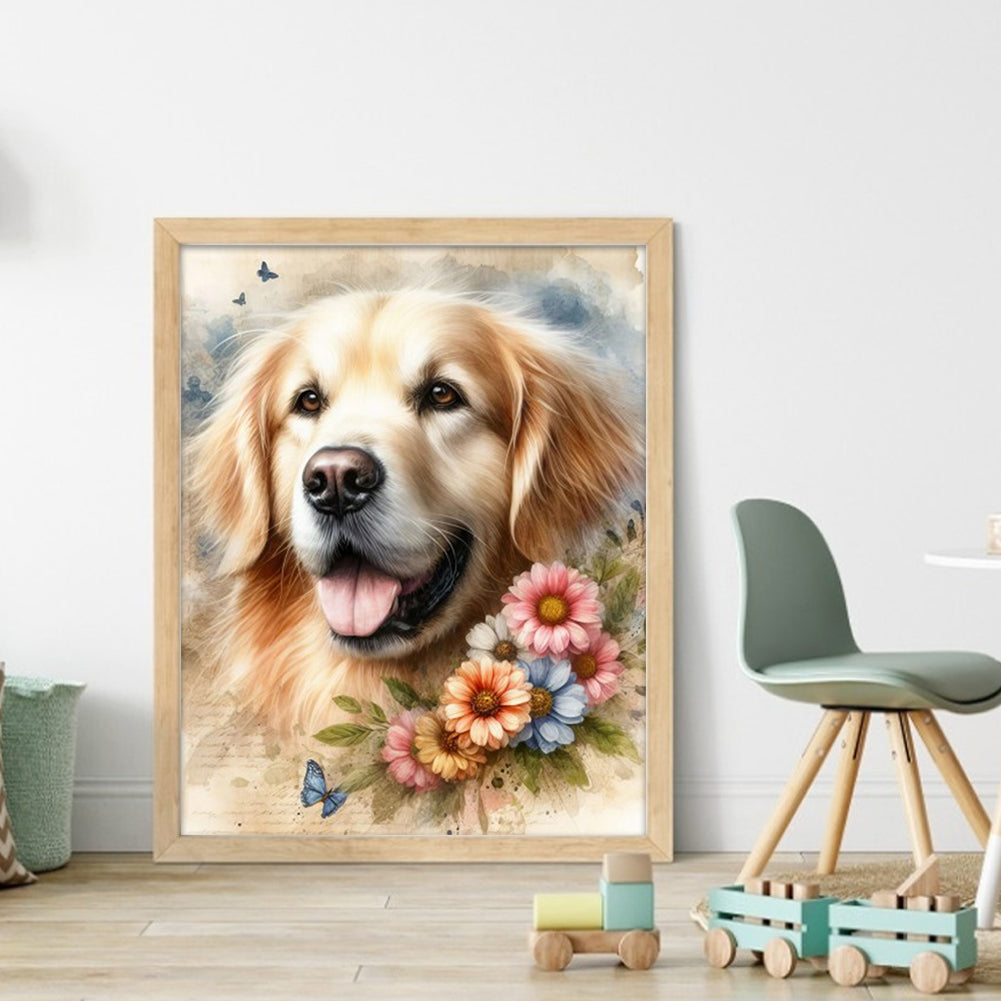 Golden Retriever And Flowers - Full 11CT Stamped Cross Stitch 40x50CM - Yishu