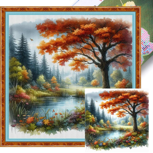 Golden Maple Trees In Autumn - Full 11CT Stamped Cross Stitch 40x40CM - Yishu