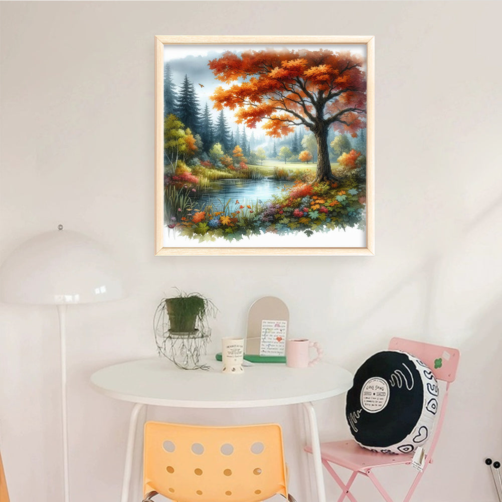 Golden Maple Trees In Autumn - Full 11CT Stamped Cross Stitch 40x40CM - Yishu