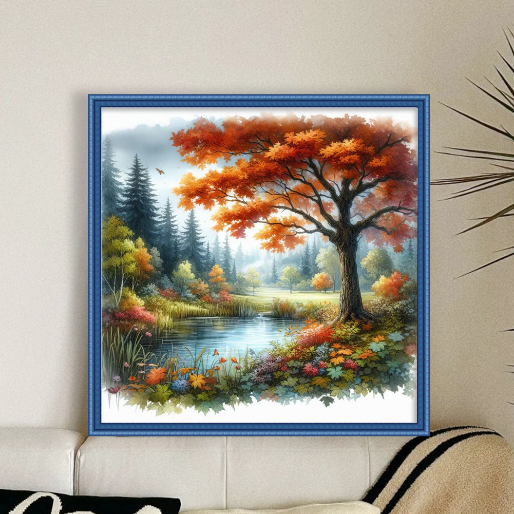 Golden Maple Trees In Autumn - Full 11CT Stamped Cross Stitch 40x40CM - Yishu