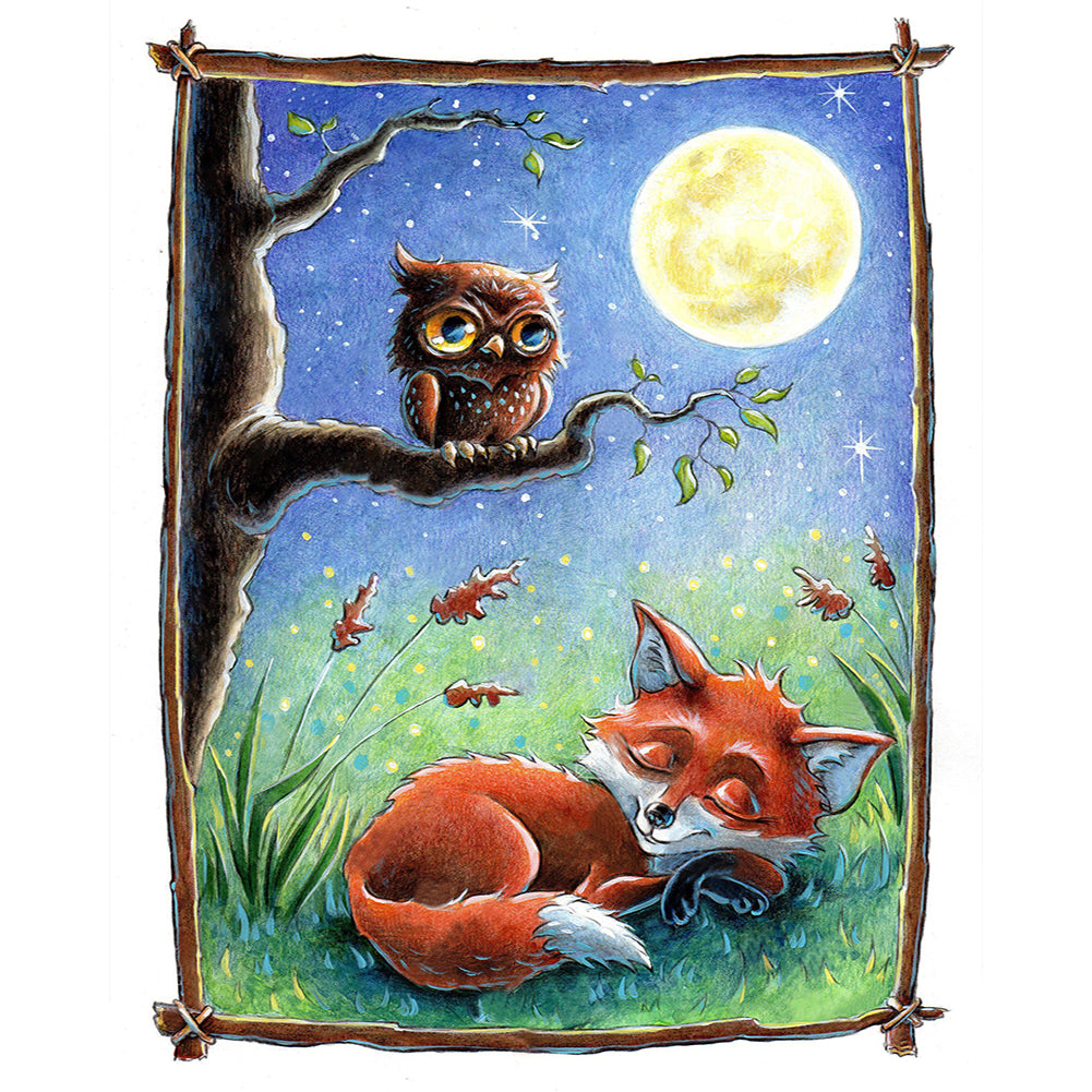 Owl And Fox On The Moon 40*50CM(Canvas) Full Round Drill Diamond Painting