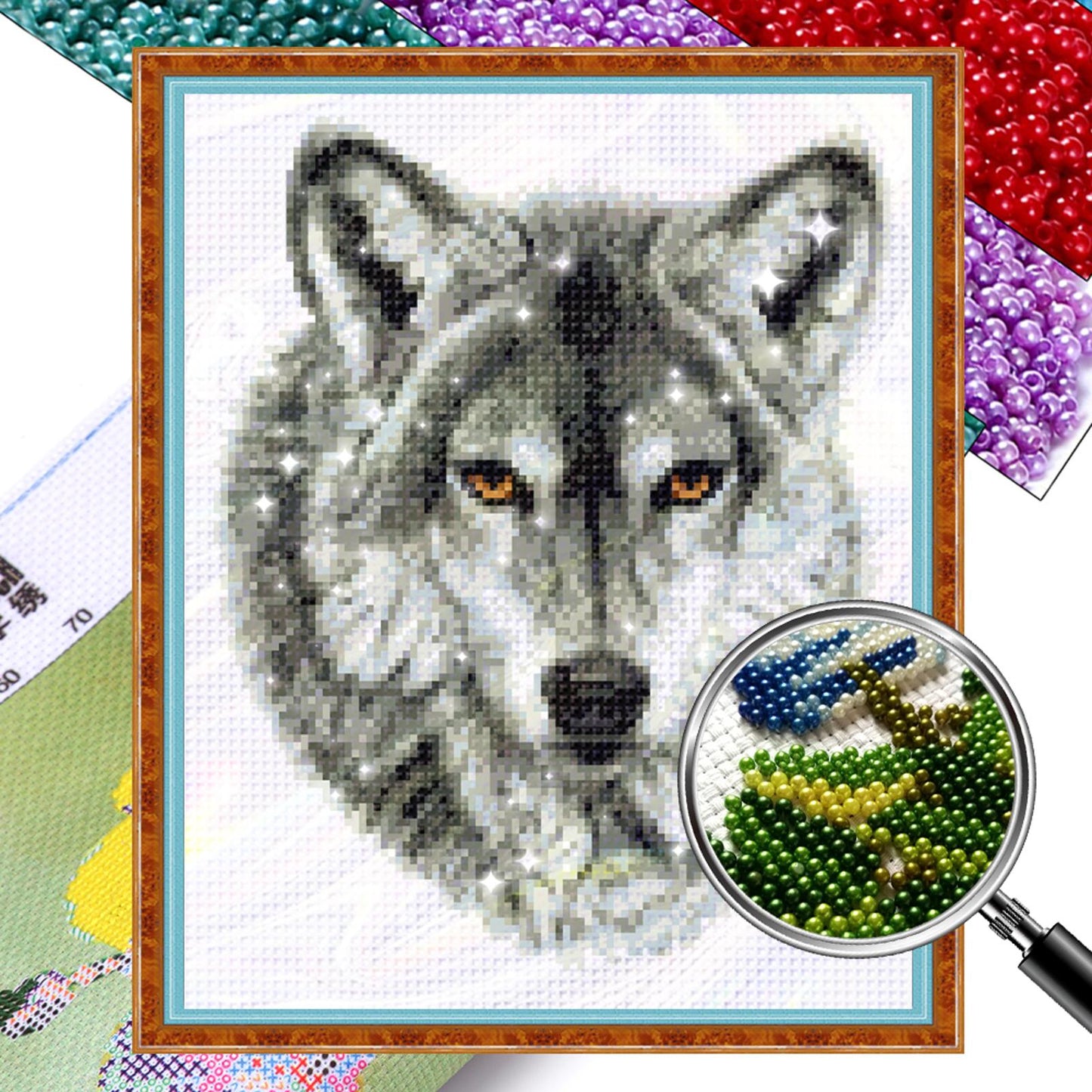 Grey Wolf - Partial  9CT Stamped Cross Stitch - Bead Embroidery 28x34CM/11.02x13.39in