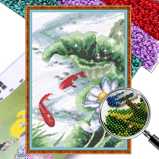 Lotus & Carp - Partial  9CT Stamped Cross Stitch - Bead Embroidery 34x50CM/13.39x19.69in