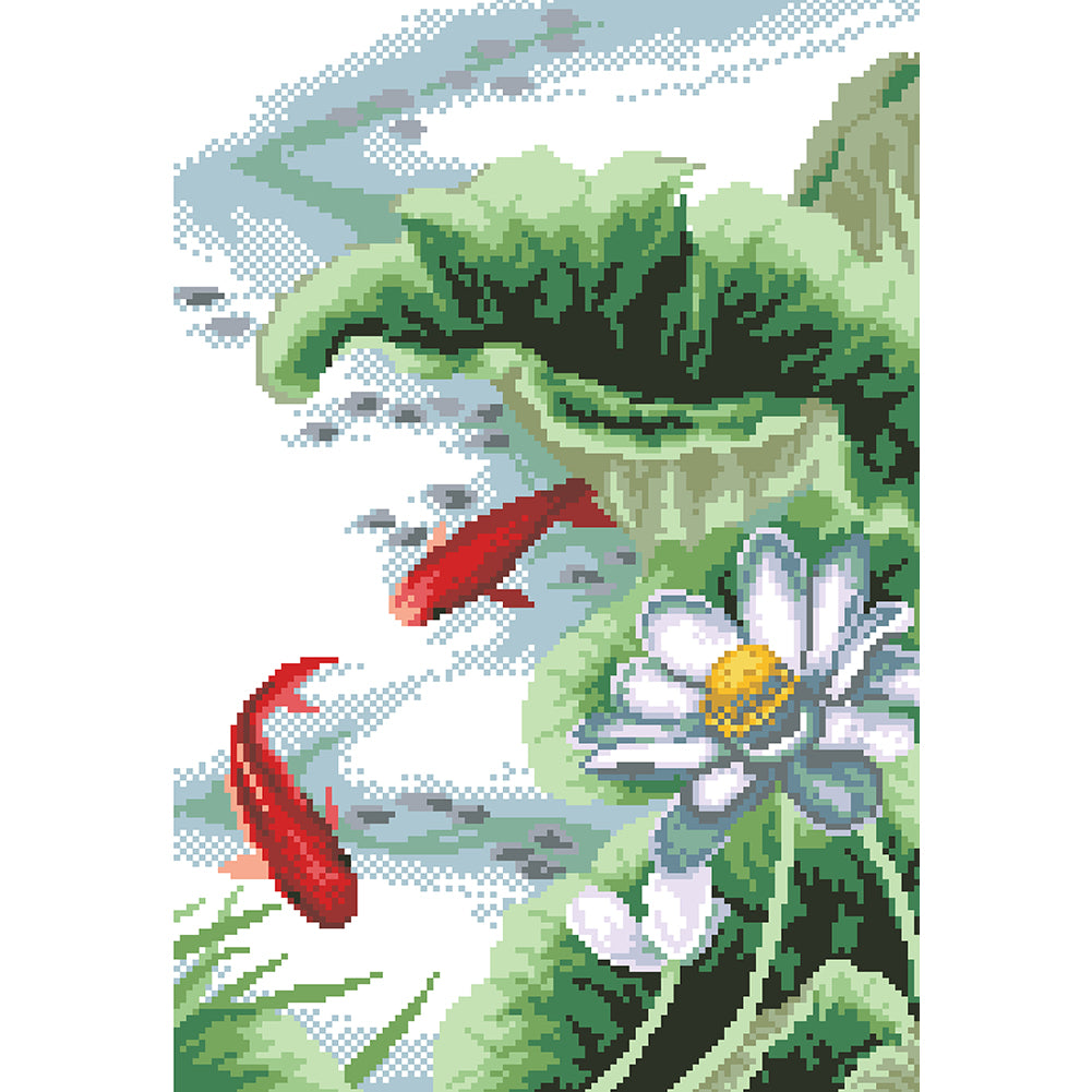 Lotus & Carp - Partial  9CT Stamped Cross Stitch - Bead Embroidery 34x50CM/13.39x19.69in