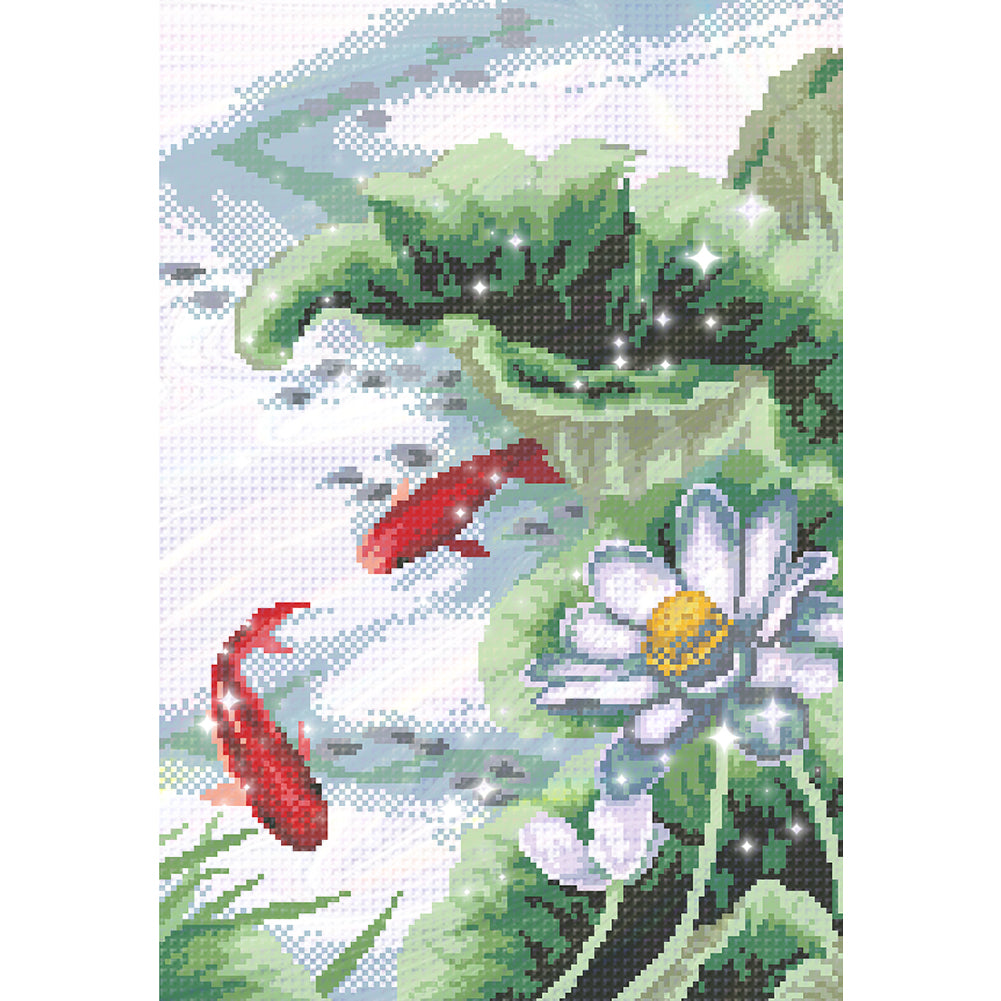 Lotus & Carp - Partial  9CT Stamped Cross Stitch - Bead Embroidery 34x50CM/13.39x19.69in
