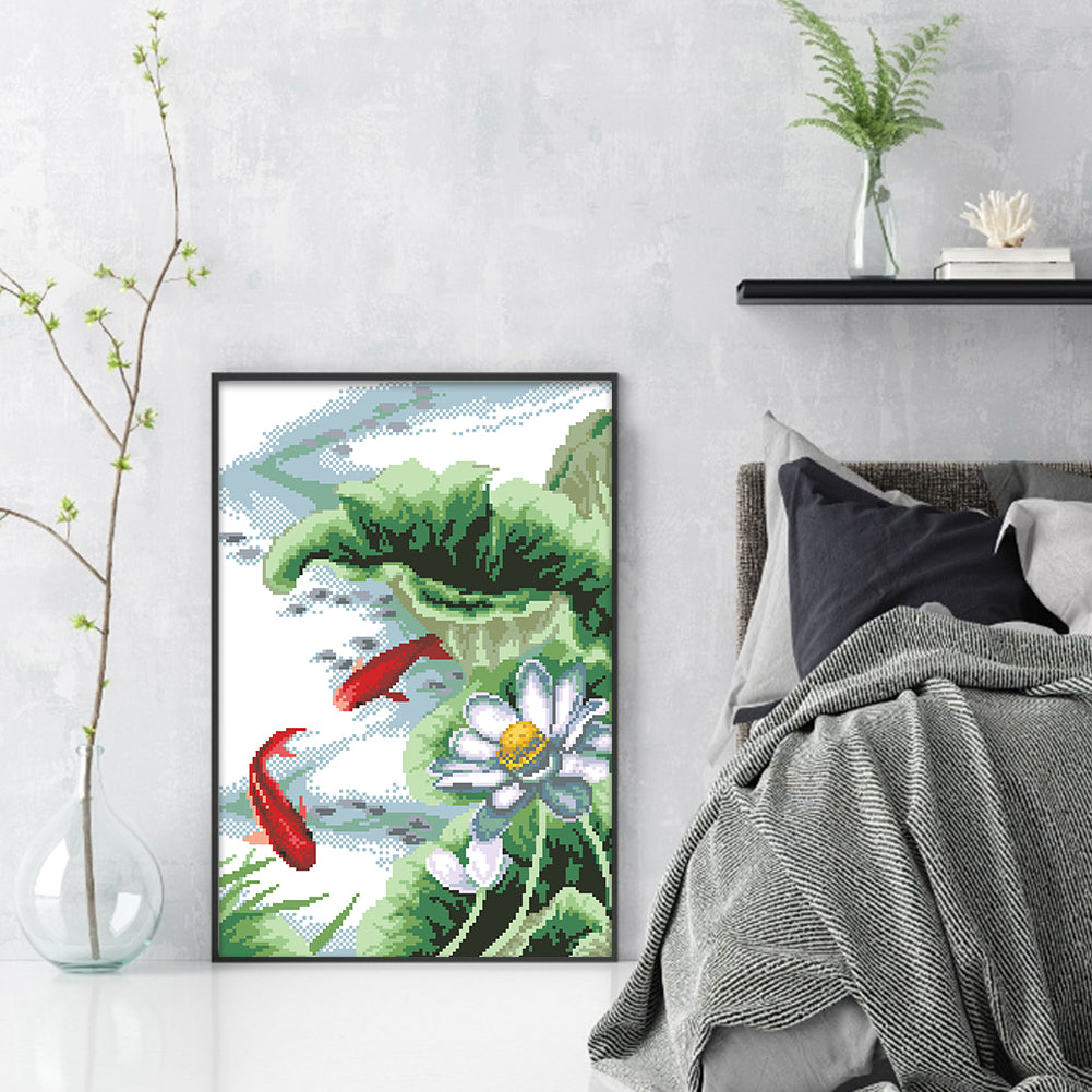Lotus & Carp - Partial  9CT Stamped Cross Stitch - Bead Embroidery 34x50CM/13.39x19.69in