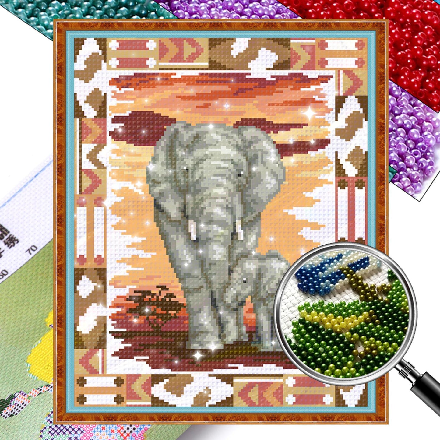 Mother Elephant & Calf - Partial  9CT Stamped Cross Stitch - Bead Embroidery 35x42CM/13.78x16.54in