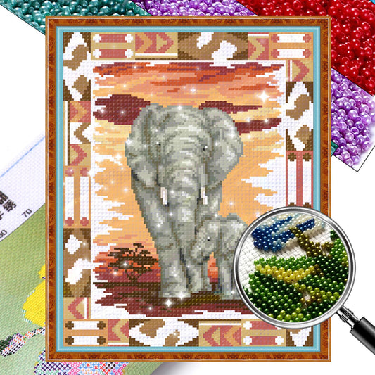 Mother Elephant & Calf - Partial  9CT Stamped Cross Stitch - Bead Embroidery 35x42CM/13.78x16.54in