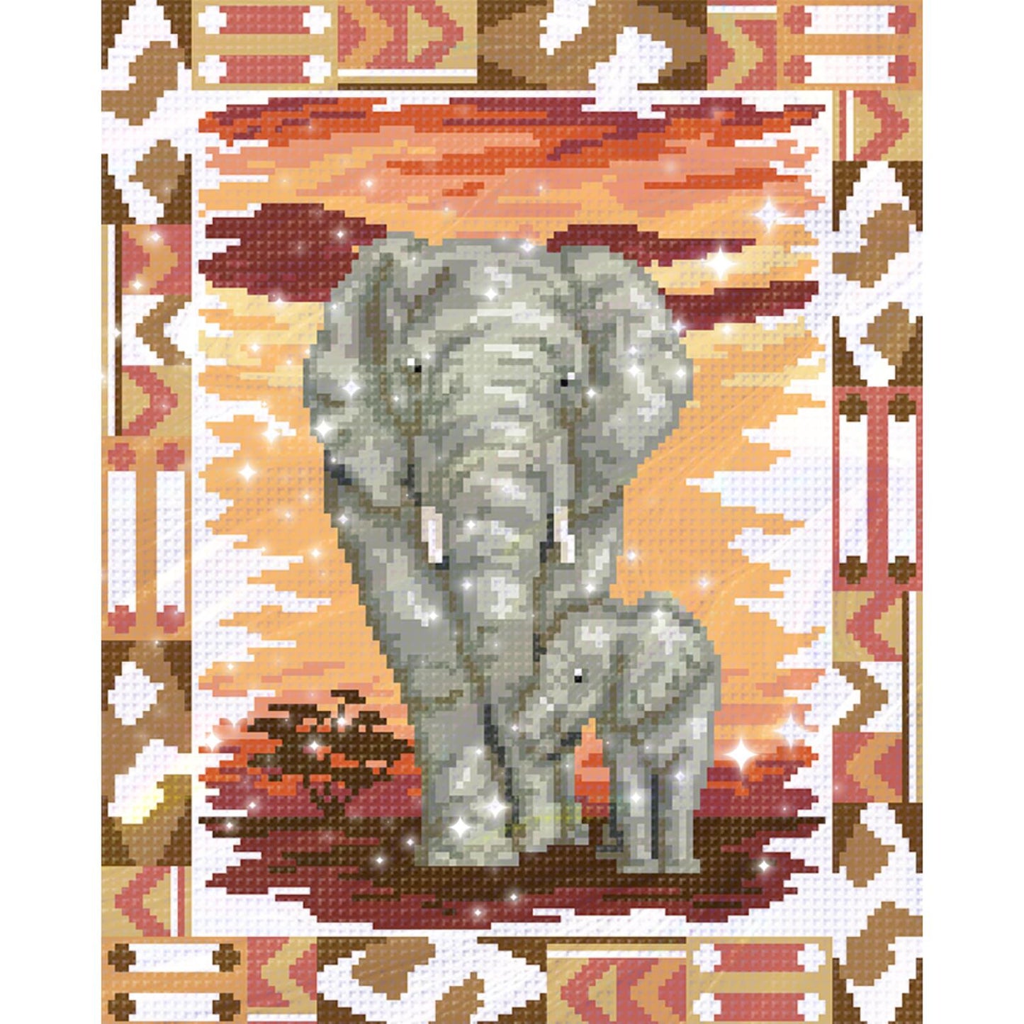 Mother Elephant & Calf - Partial  9CT Stamped Cross Stitch - Bead Embroidery 35x42CM/13.78x16.54in