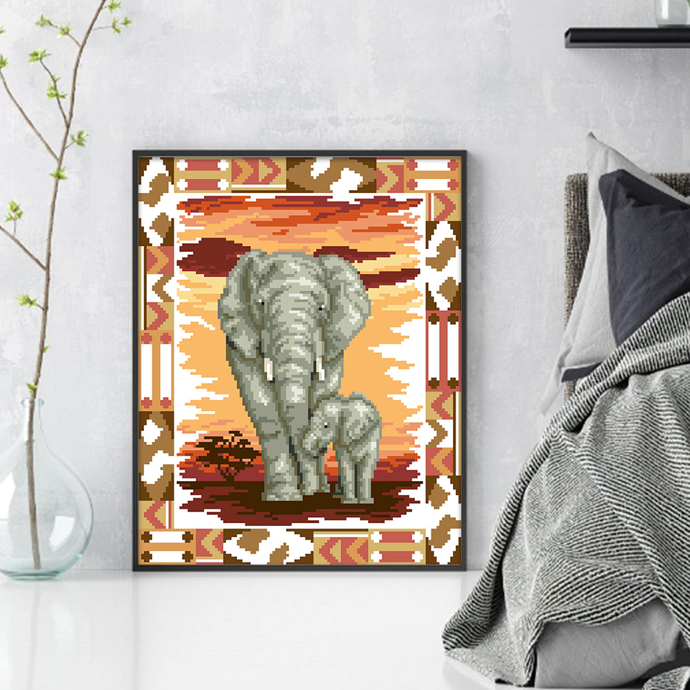 Mother Elephant & Calf - Partial  9CT Stamped Cross Stitch - Bead Embroidery 35x42CM/13.78x16.54in