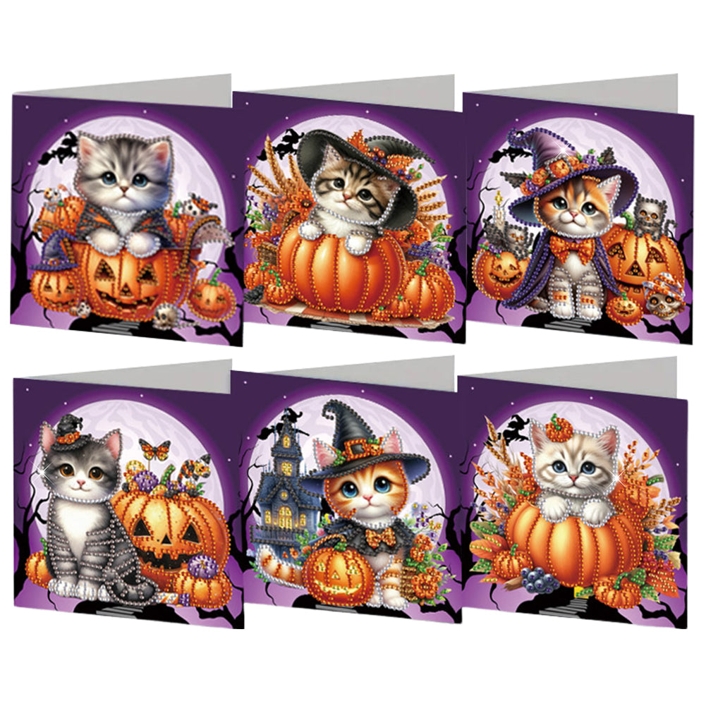 6Pcs Halloween Cat DIY Diamond Painting Card Diamond Drawing Card (IHK001)