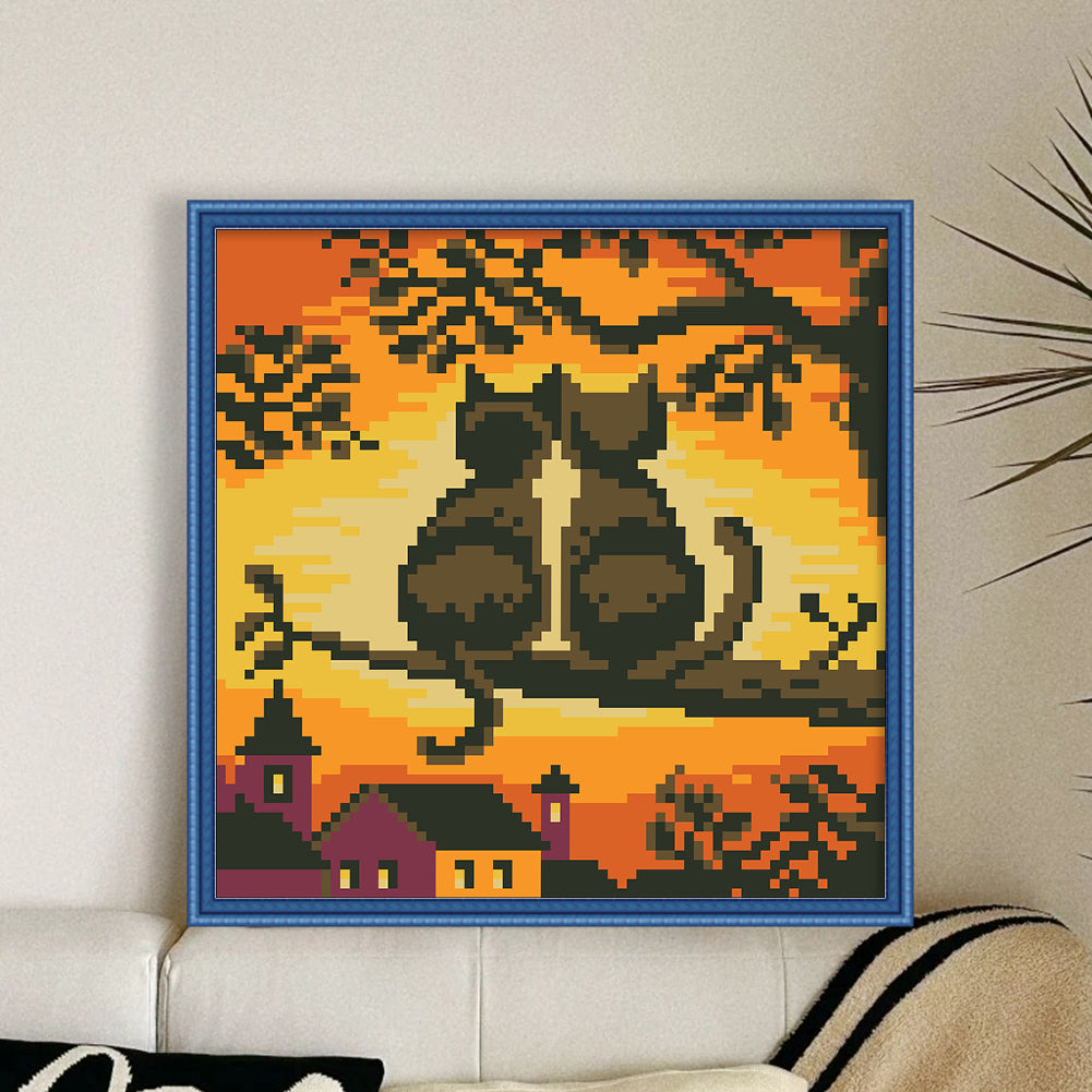 Cat's Back on Branch - Full  9CT Stamped Cross Stitch - Bead Embroidery 20x20CM/7.87x7.87in