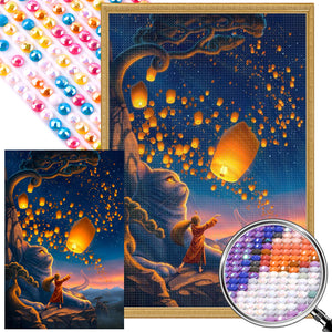 Giant Cat And Girl Flying Sky Lanterns 40*60CM(Picture) Full Round Drill Diamond Painting