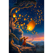 Load image into Gallery viewer, Giant Cat And Girl Flying Sky Lanterns 40*60CM(Picture) Full Round Drill Diamond Painting
